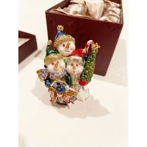 NIB Nobility Hinged Box Trio Snowmen Enamel Trinket Jewelry Box Christmas Swarov